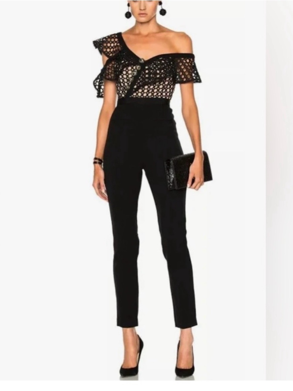 Self-Portrait Lace Frill Jumpsuit - Size 6 - black
